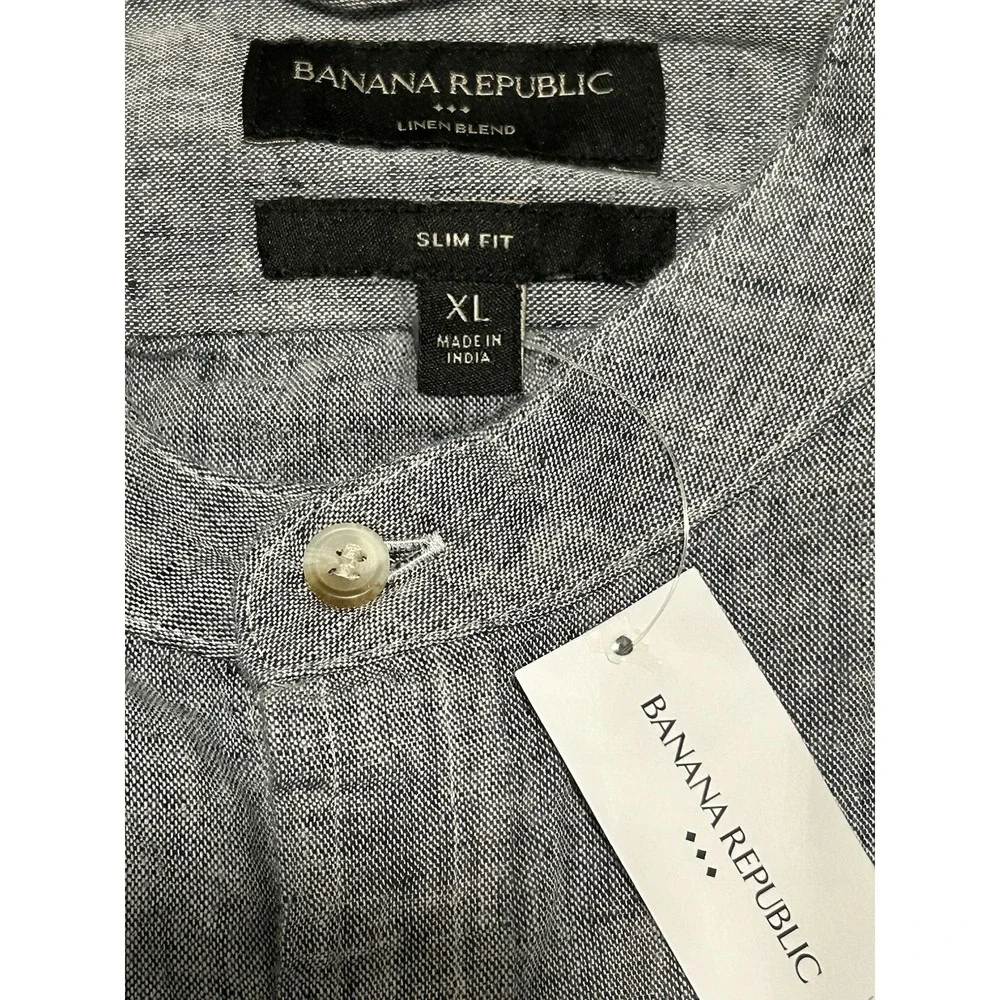 NWT Banana Republic Linen Blend Band Collar Shirt Gray Slim Fit XL Tall